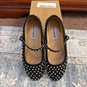 Steve Madden Black Mary Jane Flats with Rhinestones Accents